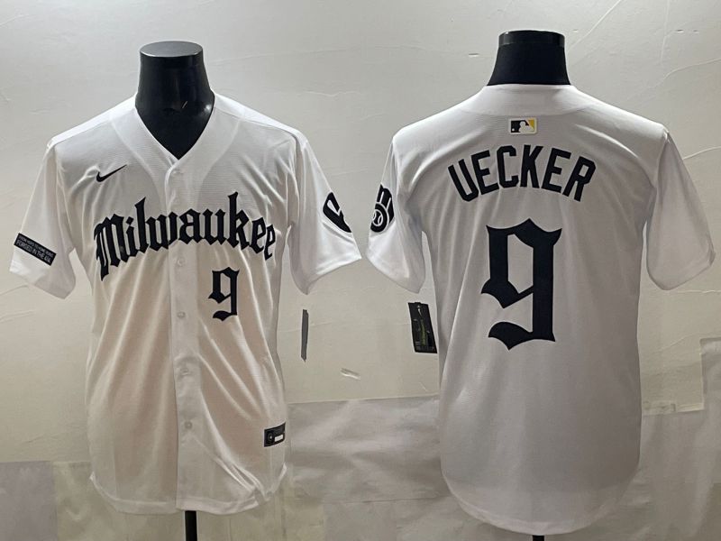 Men 2025 Milwaukee Brewers #9 Uecker White Five generations Joint Name Nike MLB Jersey style 08